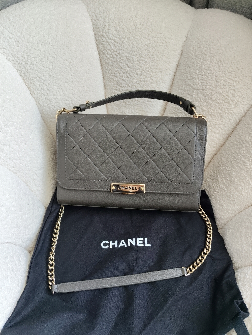 CHANEL Quilted Leather Shoulder Bag in Gray with Gold Hardware